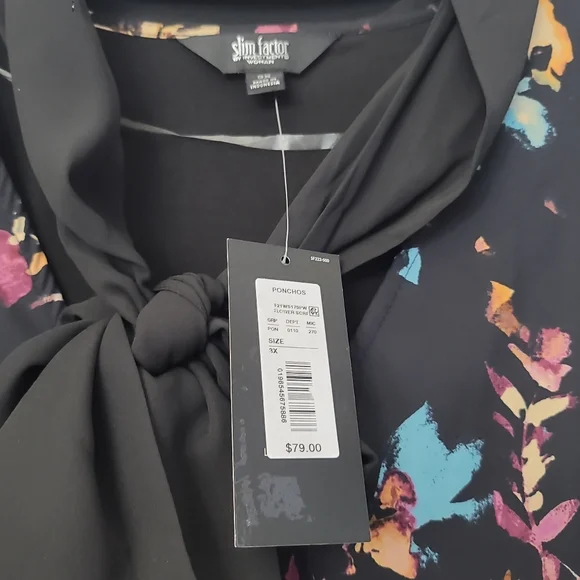 Slim Factor By Investments Floral Print Short Sleeve V-Neck Tie Layer Poncho Top - Picture 6 of 11